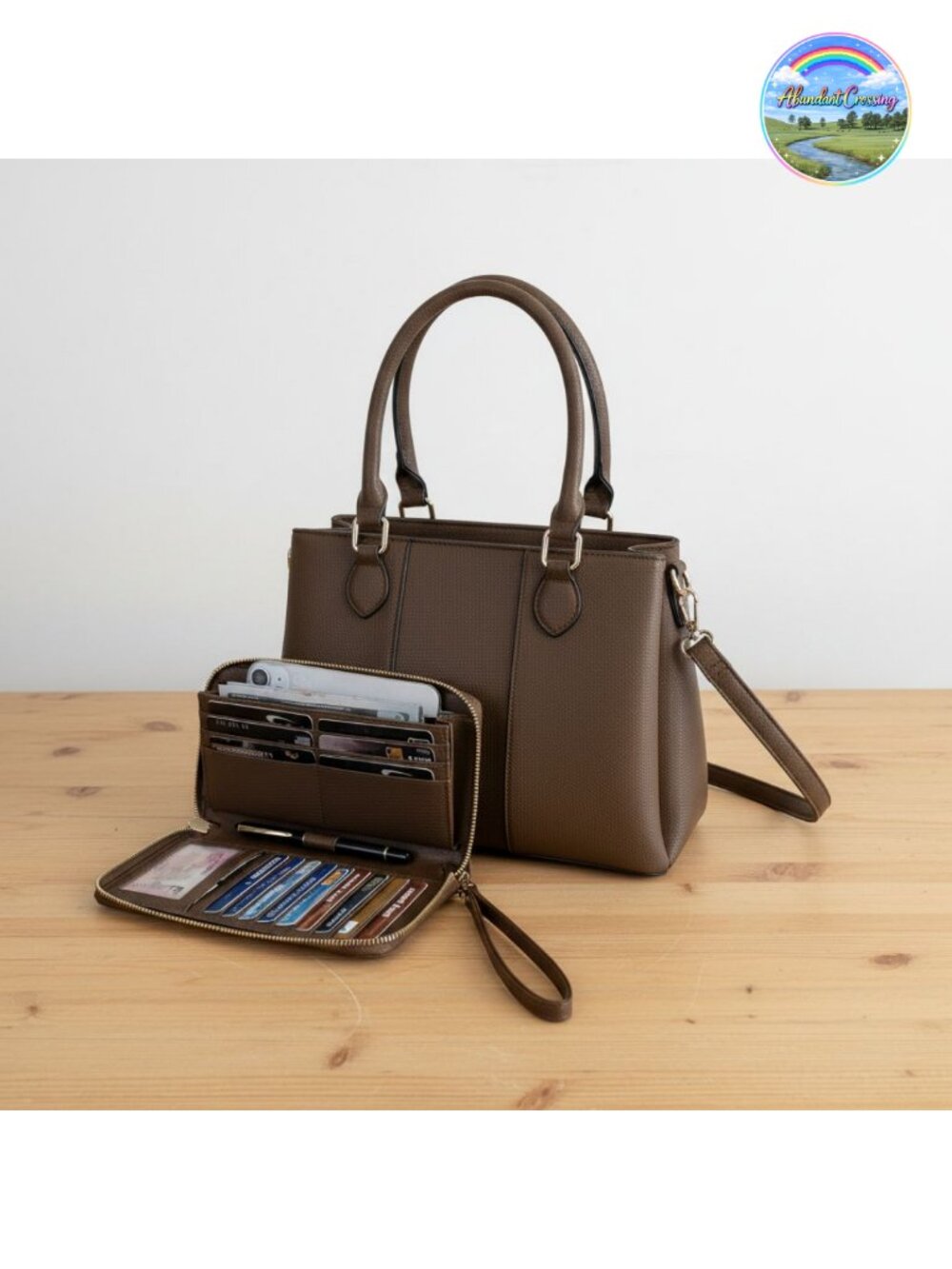 PU Leather Satchel Handbag Wallet Set 3 Zippered Compartments Crossbody